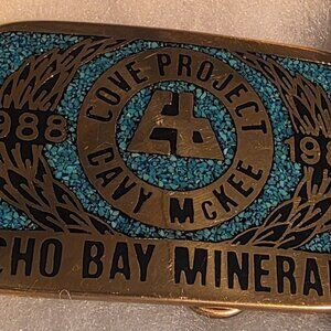 Vintage 1989 Metal Belt Buckle, Solid Brass, Blue Crushed Turquoise Stones, Cove